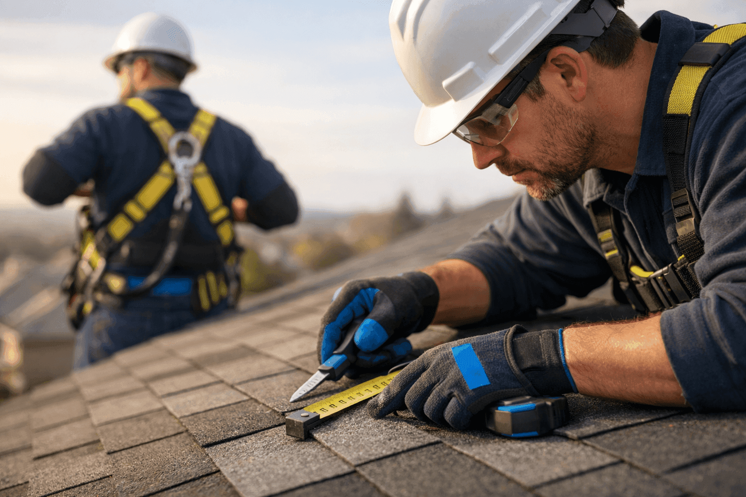 Two professional roofers wearing helmets and safety gear inspecting and measuring roof shingles on a clean roof.