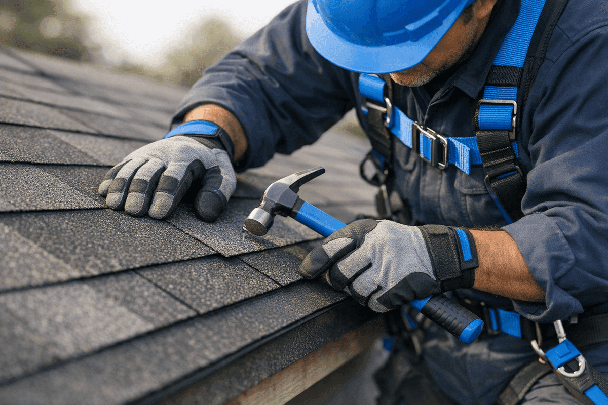 Close-up of roofer’s gloved hands aligning asphalt shingles on a clean roof with safety harness visible.