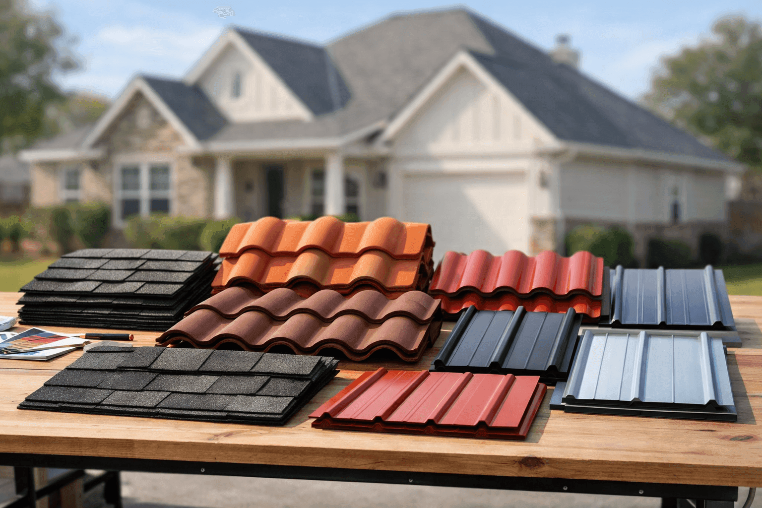 Selection of shingle, tile, and metal roof samples on a table with Houston home in background