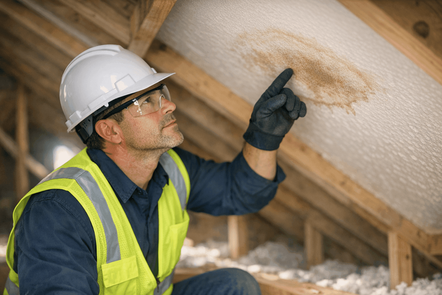 Technician inspecting an attic ceiling for signs of water leakage in a Houston home