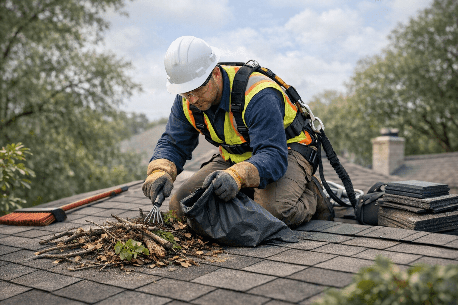 Technician clearing debris from a Houston home roof before a storm