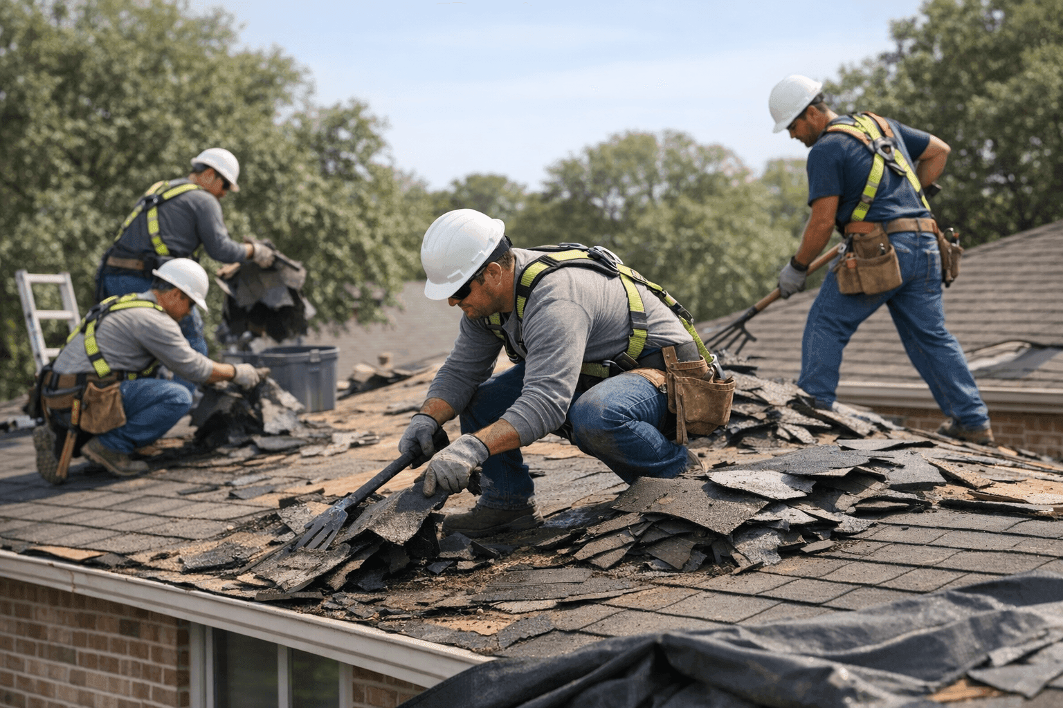 Roofing crew removing old shingles and preparing a Houston home for new roof installation