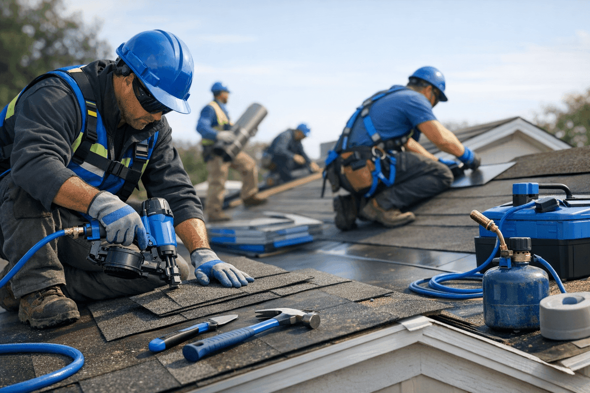 Close-up of roofer’s gloved hands aligning asphalt shingles on a clean roof with safety harness visible.